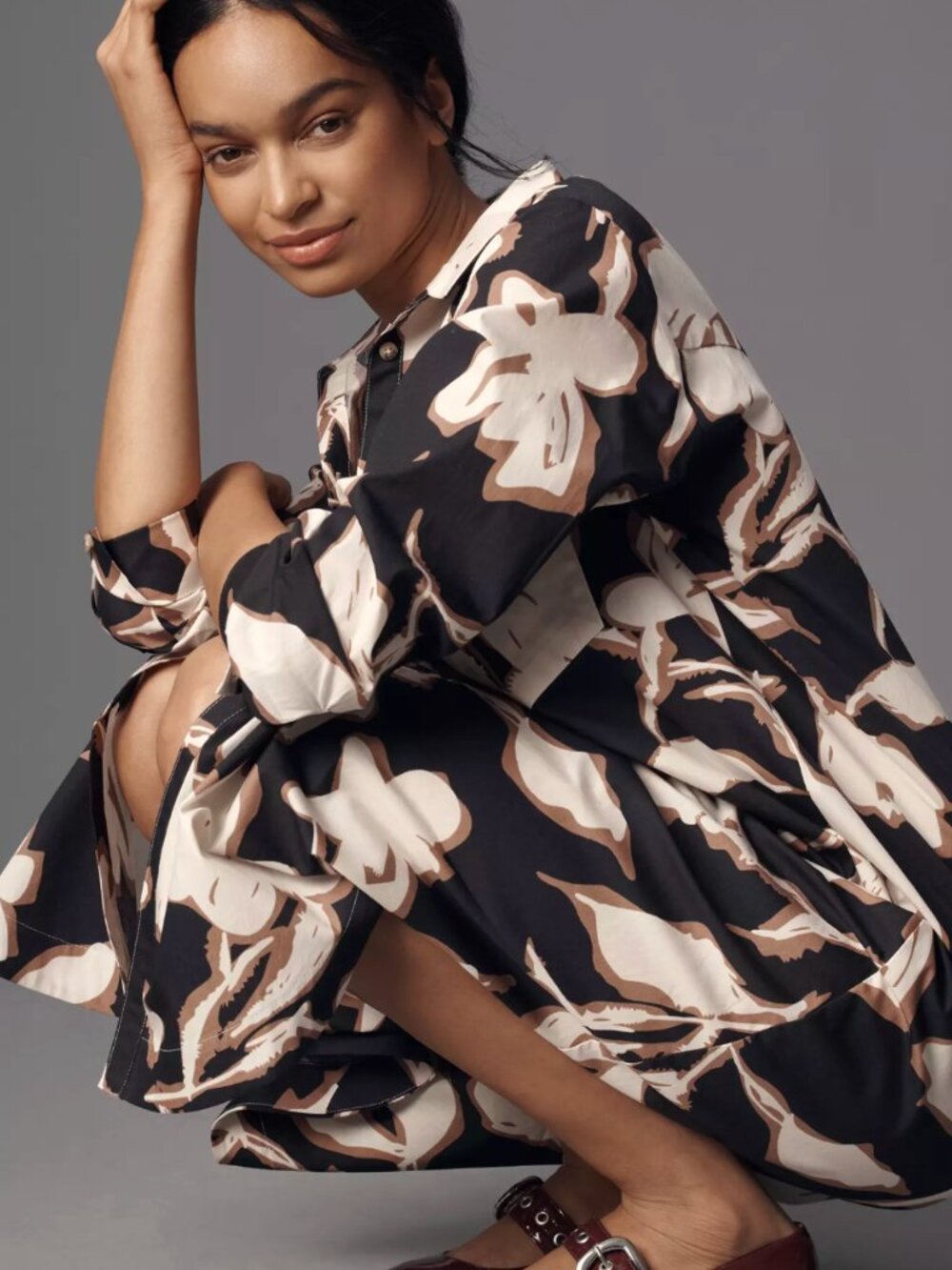 Maeve by Anthropologie Soren Long-Sleeve Shirt Dress Black Floral - Large - Picture 3 of 12